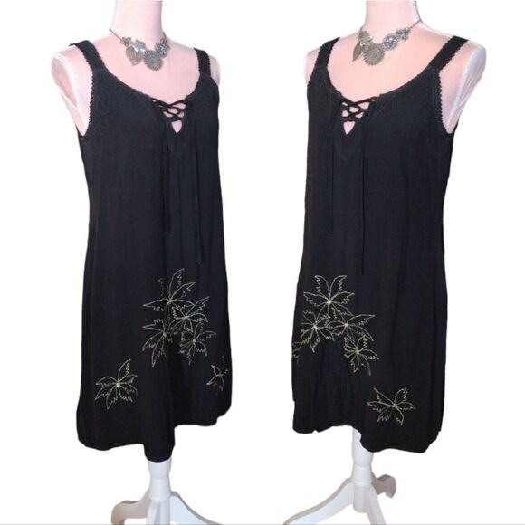 VTG 90s Black Gold Hawaiian Embroidered Fairycore Mini Dress Medium - Picture 6 of 16